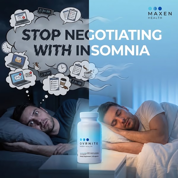 A split-screen comparison showing a restless night of work on the left and a peaceful night of sleep on the right, centered by the supplement bottle.